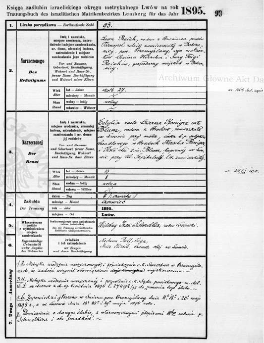 Abb 2: Eintrag der Ehe von Leon und Cecylia Reich am 4. Juni 1895; Auszug aus dem Trauungsbuch. Quelle: Archiwum Główne Akt Dawnych (Zentrales historisches Archiv Warschau)