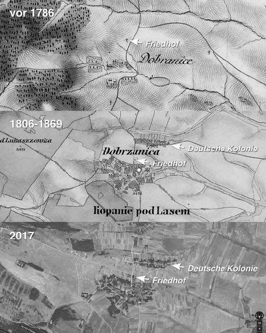 Abb. 12: Karten der deutschen Kolonie in Dobzau; die 1786 gegründete Ansiedlung hebt sich entlang einer annähernd waagrechten Linie in Norden deutlich vom organisch gewachsenen Ortskern im Süden ab, der Friedhof liegt dazwischen; oben: Josephinische Landesaufnahme 1763-1787, Mitte: Franziszeische Landesaufnahme 1806-1869, Quelle: mapire.eu (Österreichisches Staatsarchiv); unten: Satellitenaufnahme von Dobzau, Quelle: Google Maps.